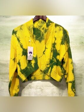 Tie-Dye Cropped Open-Front Sweater Cardigan in Yellow & Green